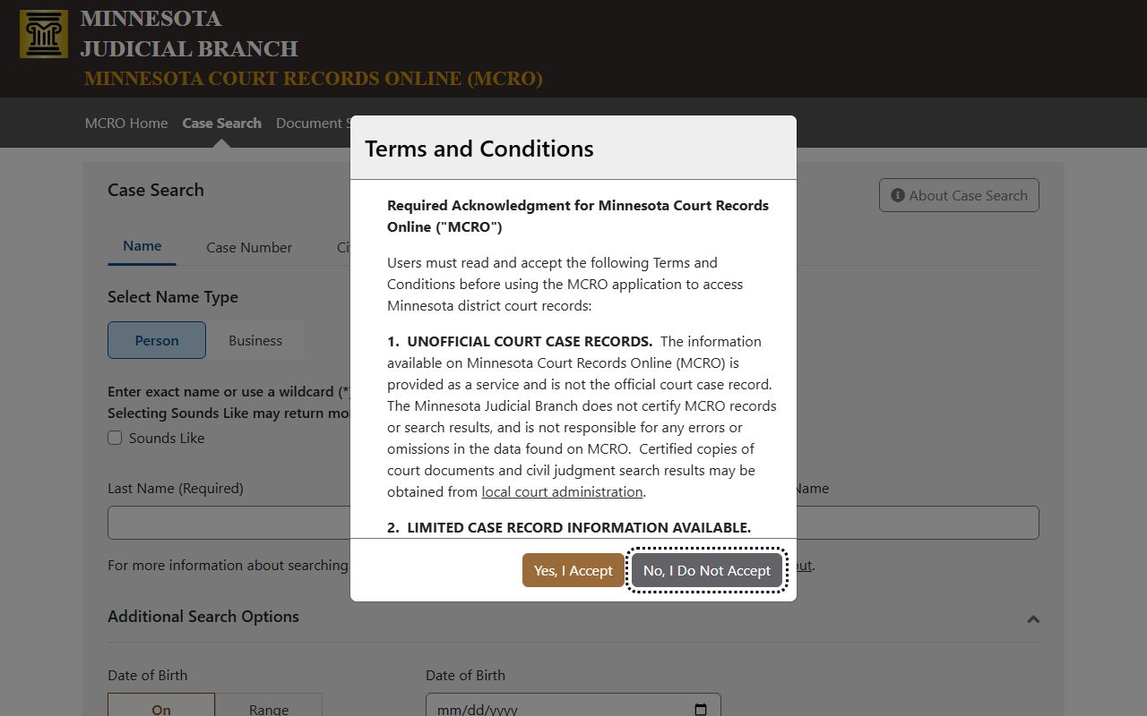 Otter Tail County court records MCRO case search interface