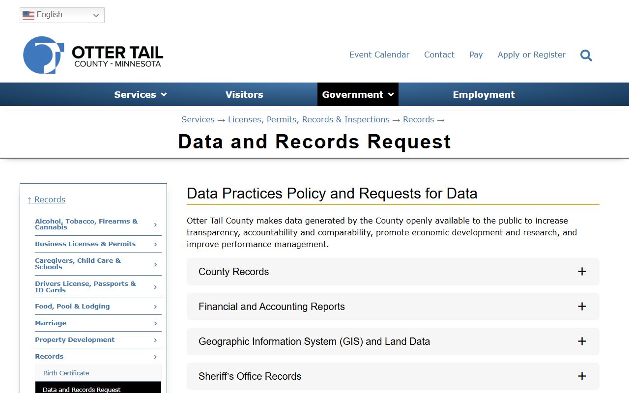 Otter Tail County court records public data request page