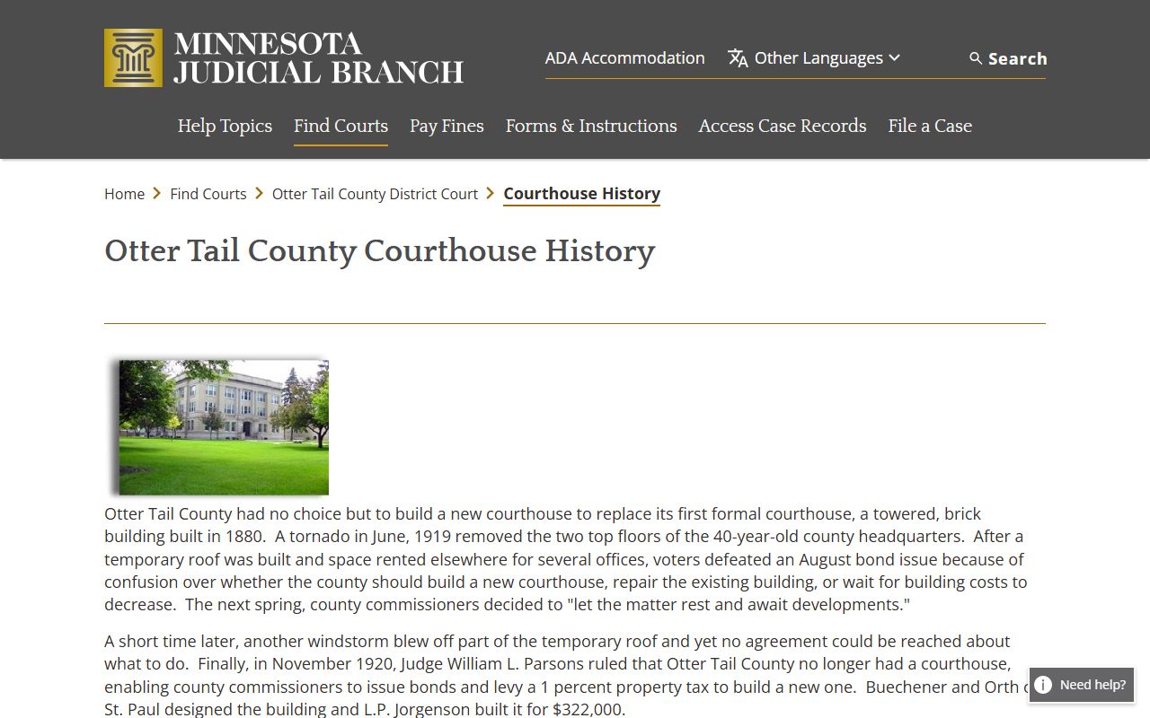 Otter Tail County Court records Judicial Branch courthouse history
