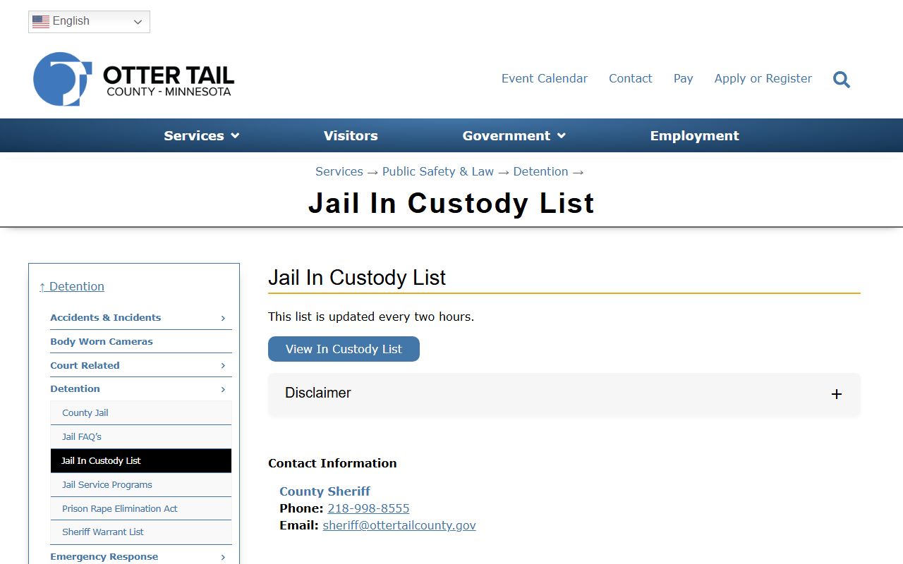 Otter Tail County inmate records jail in custody list