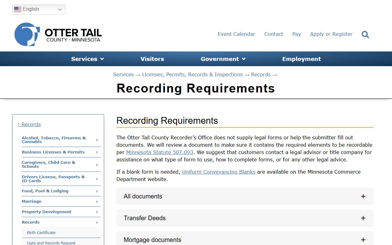 Otter Tail County marriage records Recorder document standards