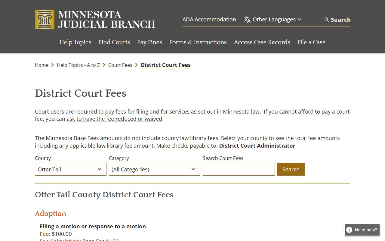 Otter Tail County probate records court fee page