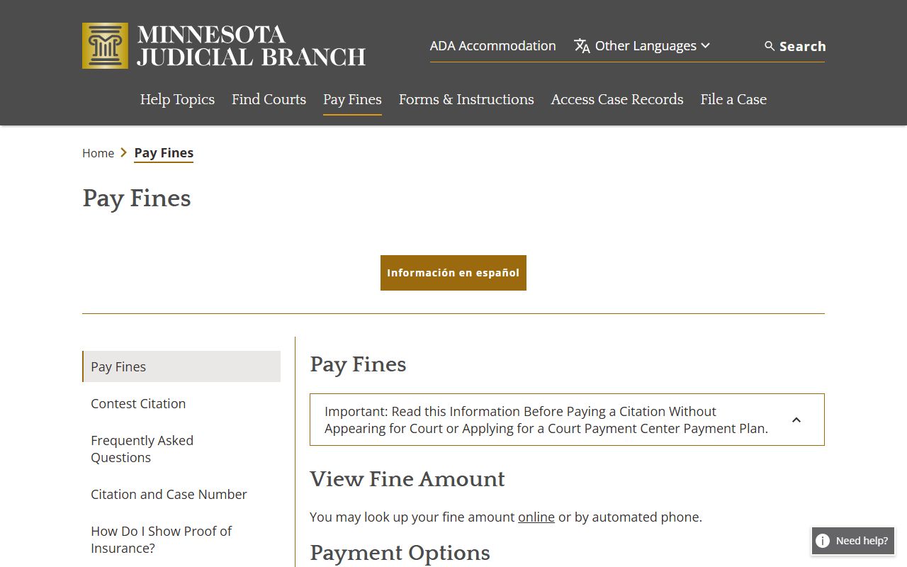 Otter Tail County traffic court records Judicial Branch pay fine instructions